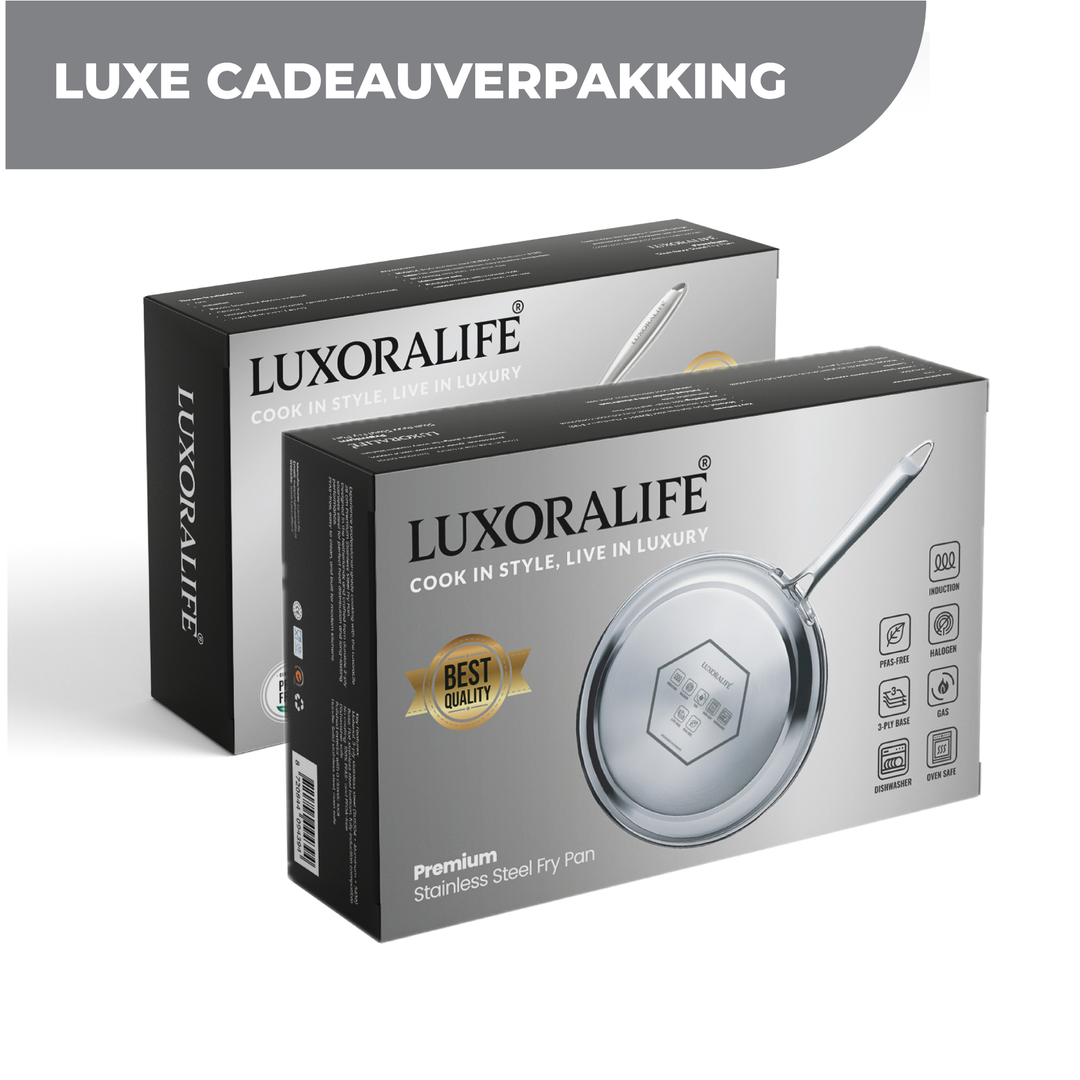 LuxoraLife®| RVS Koekenpan 28 cm met Deksel – PFAS-vrij -Geschikt voor inductie, gas en elektrisch