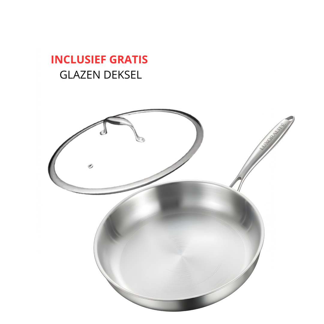LuxoraLife®| RVS Koekenpan 28 cm met Deksel – PFAS-vrij -Geschikt voor inductie, gas en elektrisch
